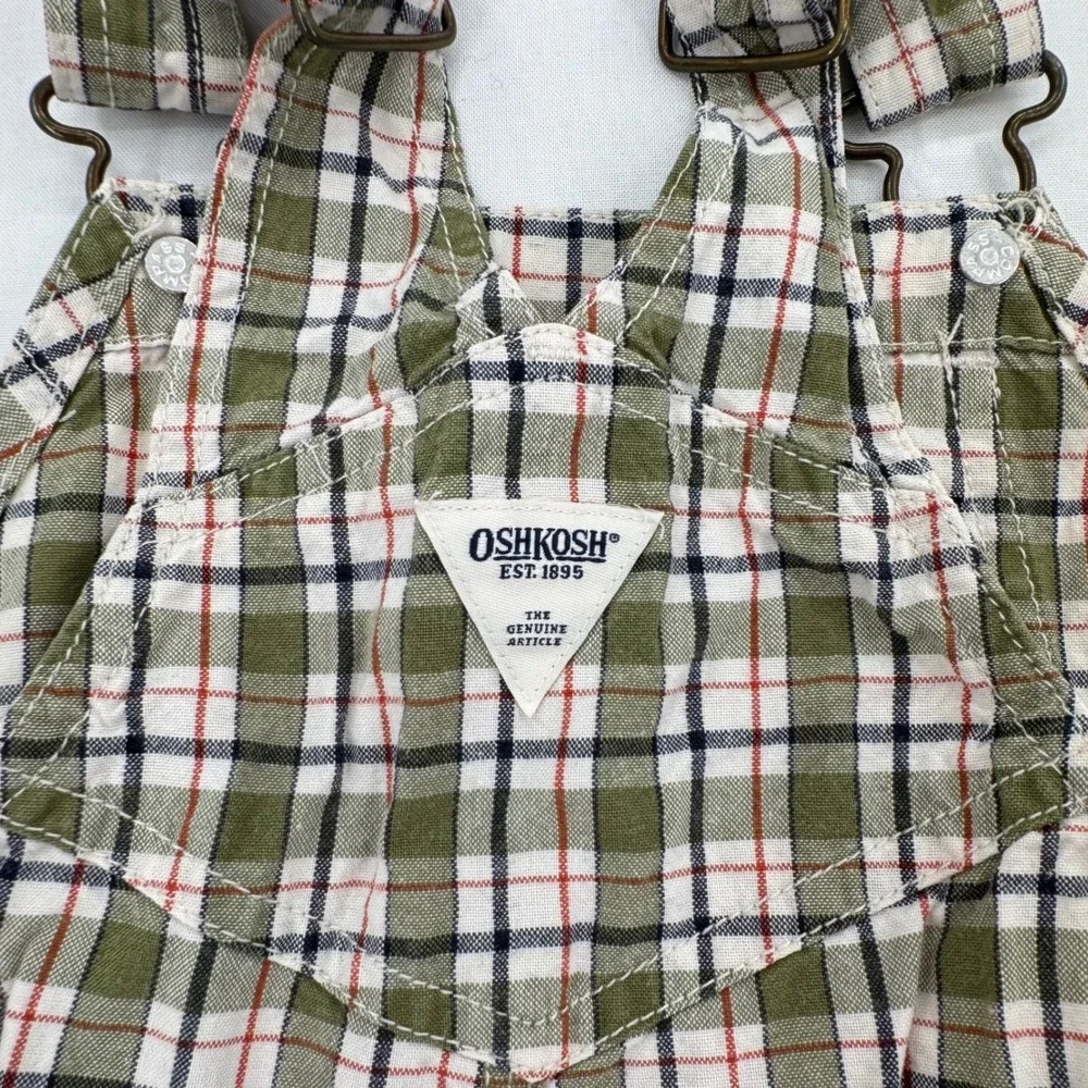 Vtg Y2K OshKosh Bgosh Kids Green Plaid Overalls Size 18 Months Cotton Shortalls